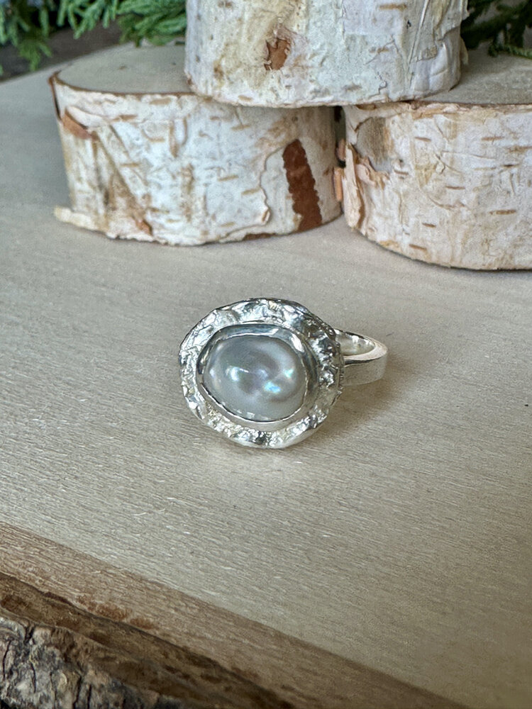 Pearl Double Bezel Sterling Ring Sz 6.5
