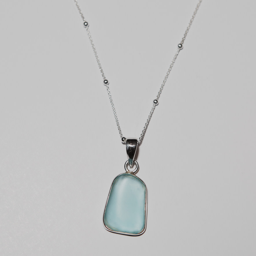 Beach Glass Ice Blue Trapezoid Sterling Pendant