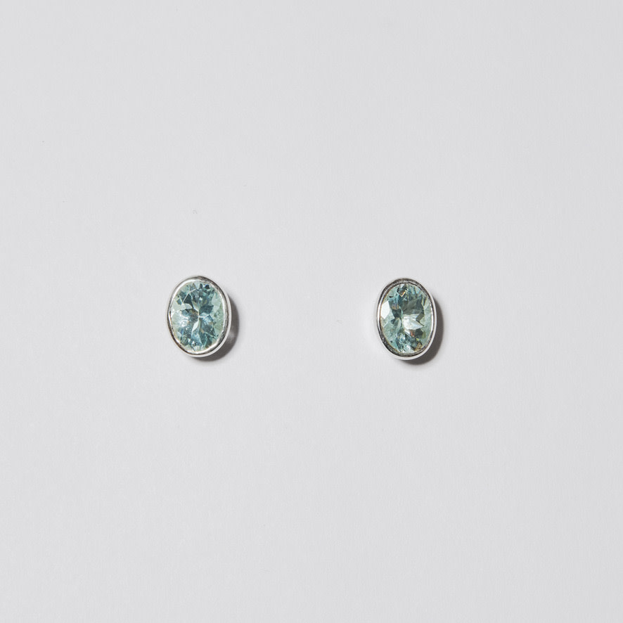 Aquamarine Oval Bezel Sterling Studs