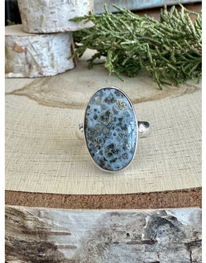 Pyrite in Agate Oval Sterling Ring Sz 8