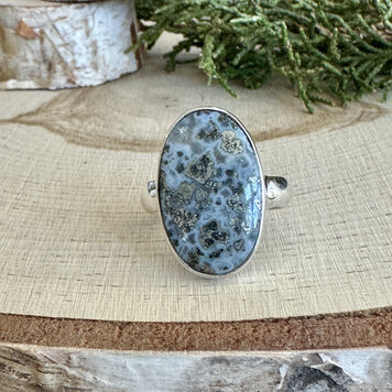 Pyrite in Agate Oval Sterling Ring Sz 8