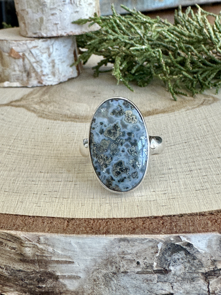 Pyrite in Agate Oval Sterling Ring Sz 8