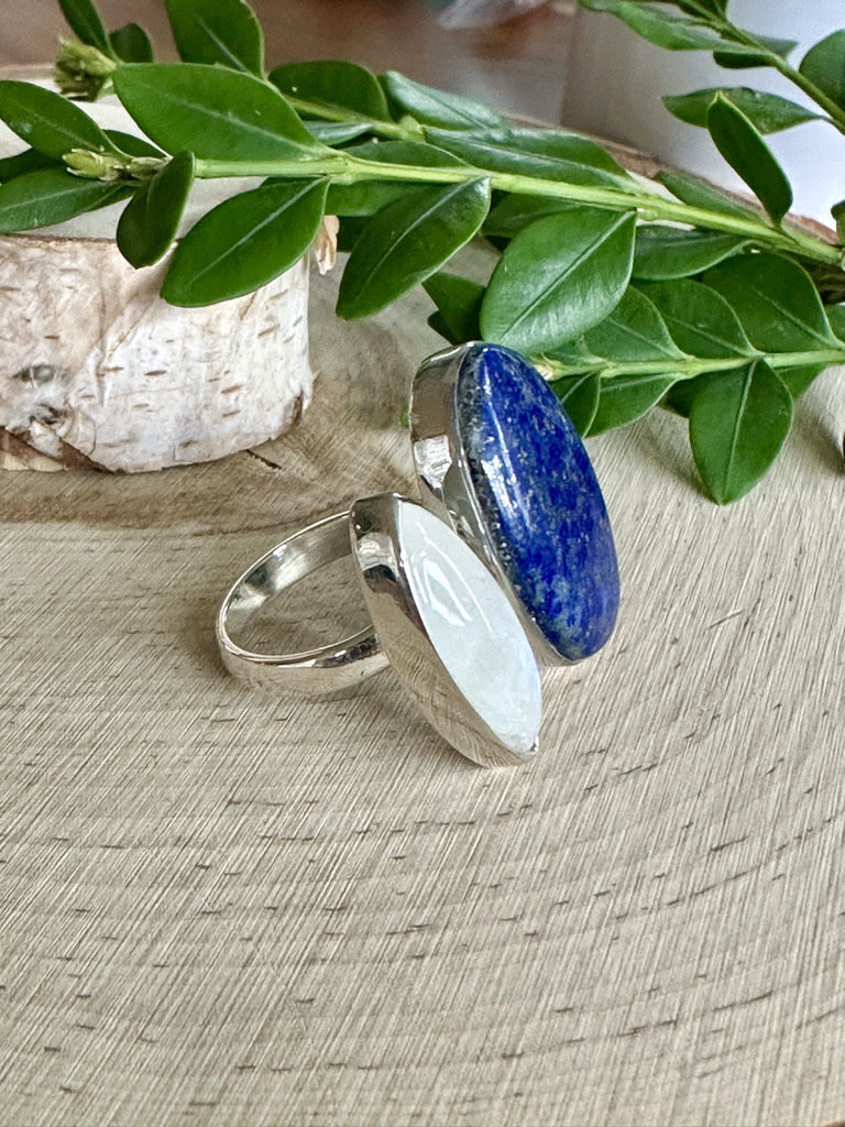 Lapis & Moonstone Sterling Statement Ring Sz 8