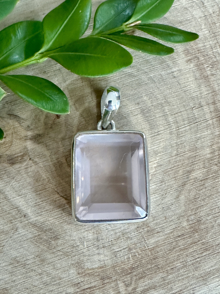 Rose Quartz  Large Emerald Cut Sterling Pendant