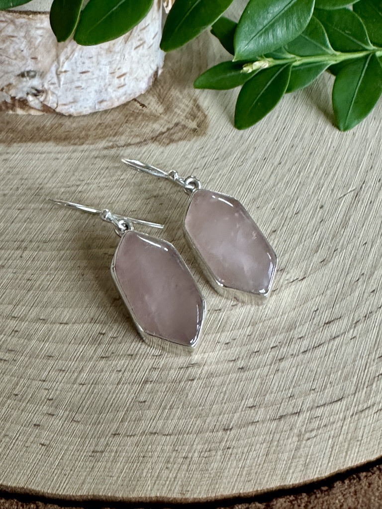 Rose Quartz Hexagon Sterling Drop Earrings