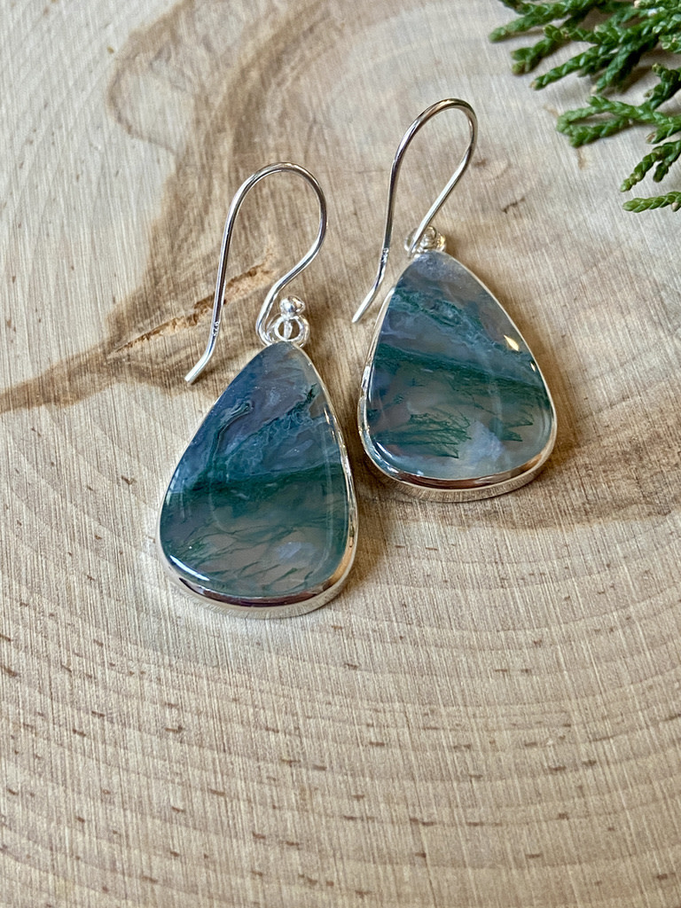 Moss Agate Teardrop Sterling Earrings