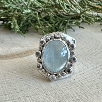 Aquamarine Oval Wide Sterling Ring Sz 8