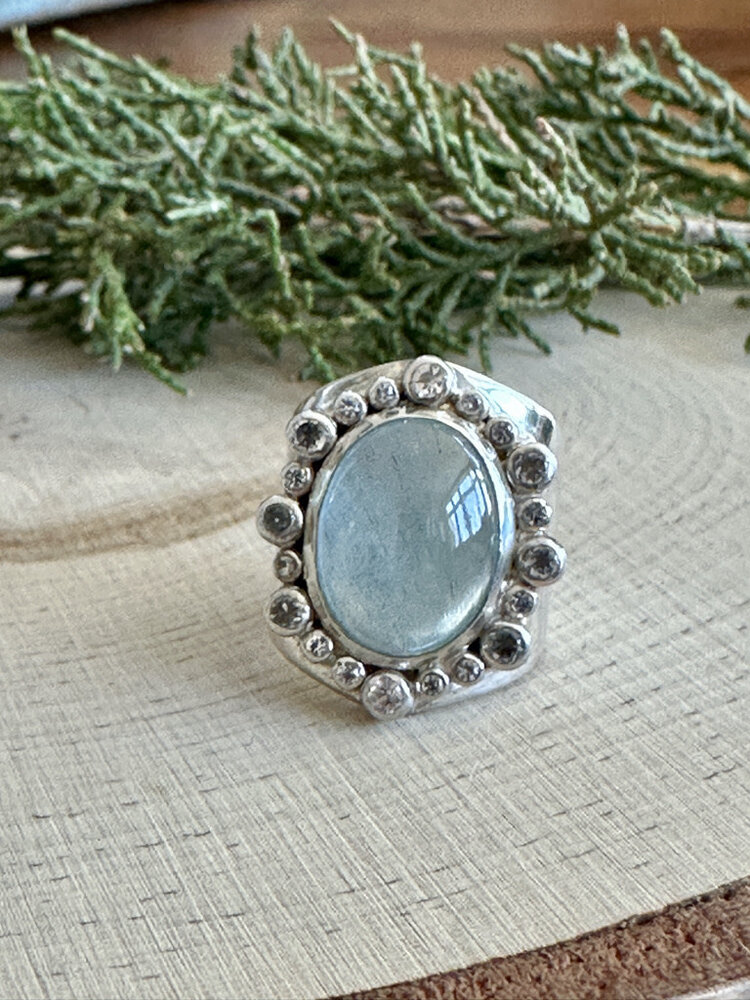 Aquamarine Oval Wide Sterling Ring Sz 8