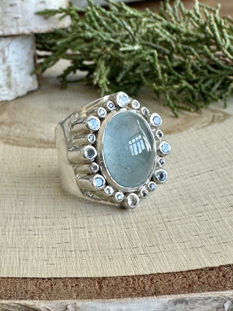Aquamarine Oval Wide Sterling Ring Sz 8