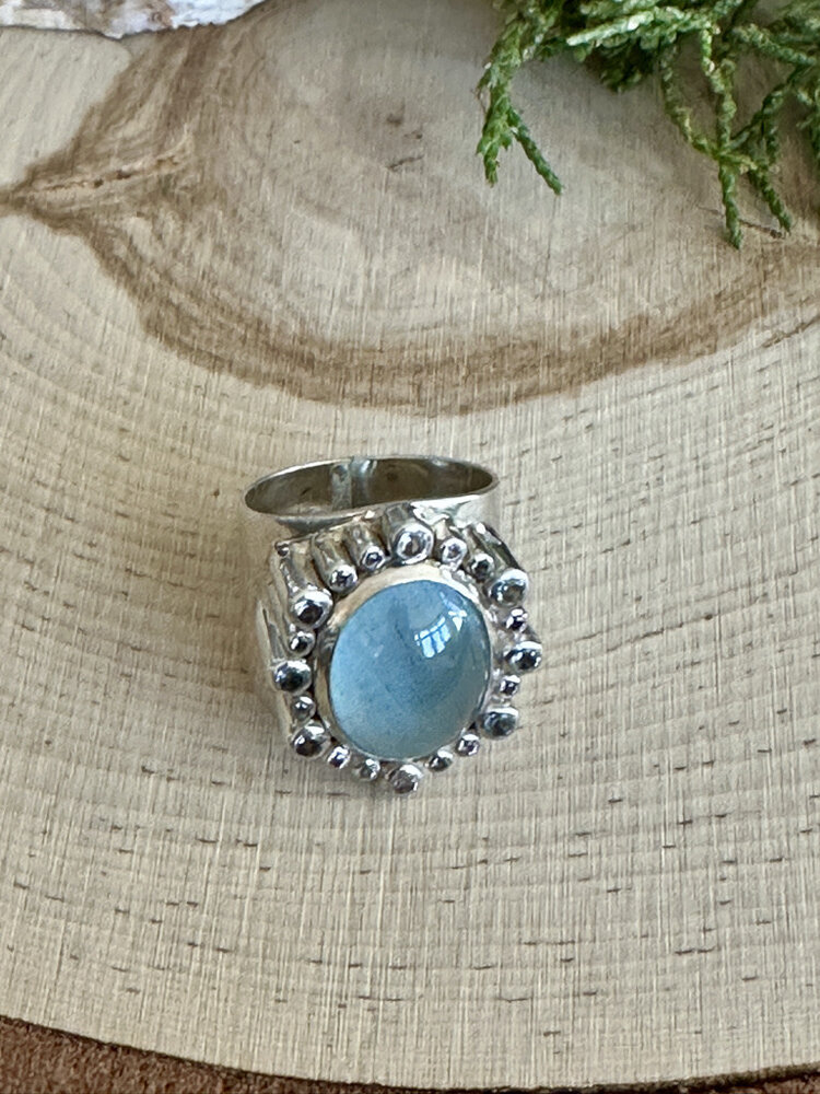 Aquamarine Oval Wide Sterling Ring Sz 8