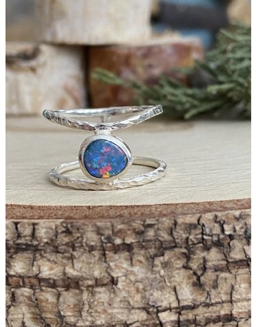 Australian Opal Double Sterling Band Ring Sz 8