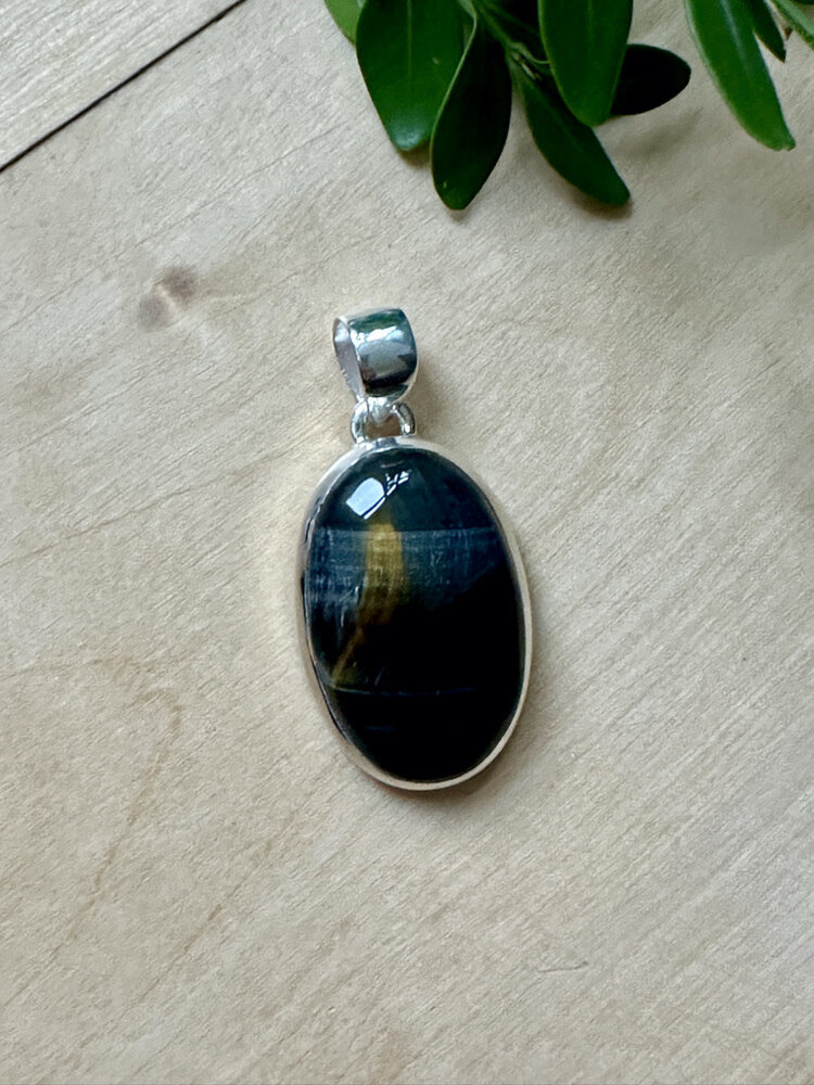 Nugent Blue Tiger Eye Oval Sterling Pendant