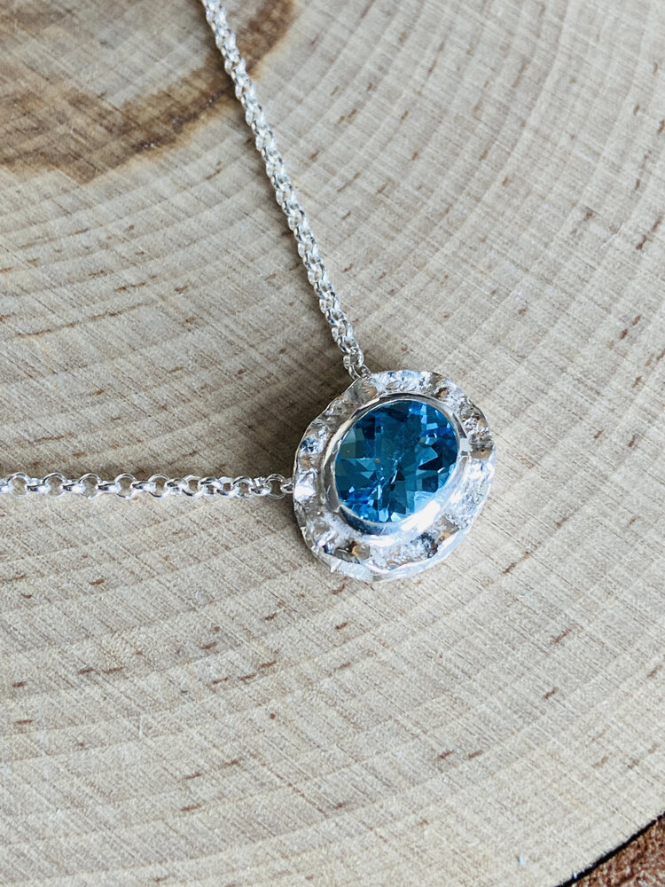 Blue Topaz Double Bezel Sterling Necklace