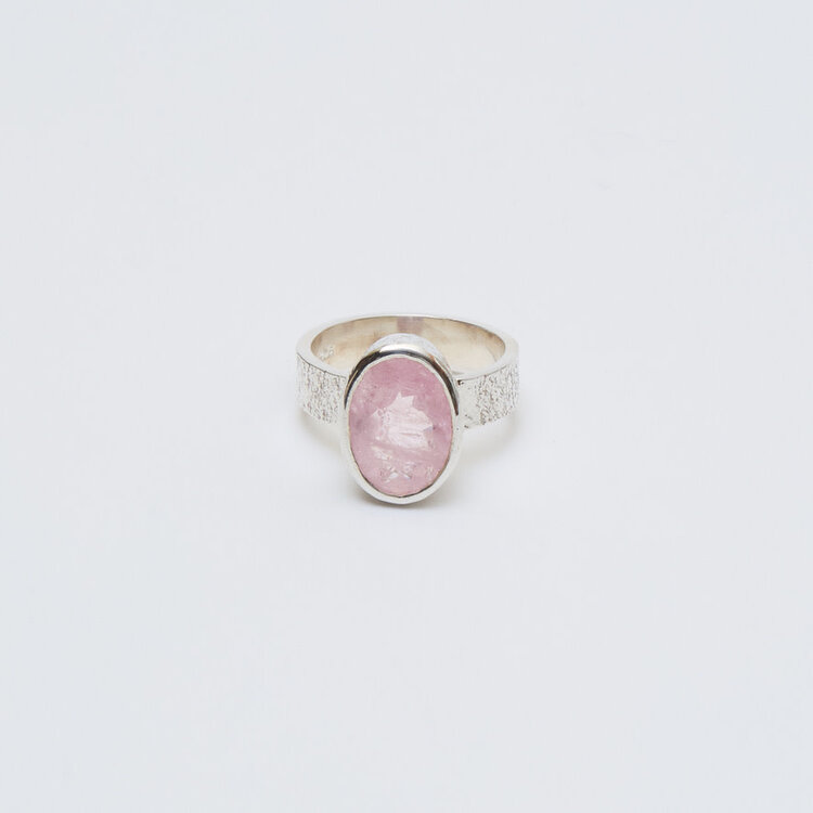 Morganite Oval Sterling Textured Ring Sz 8