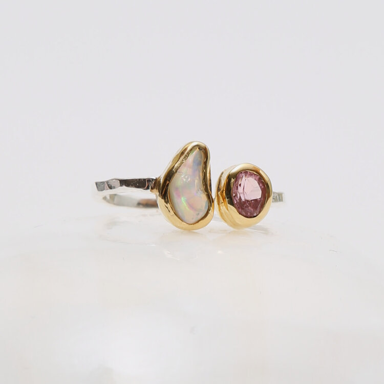 Opal & Pink Tourmaline GP Sterling Ring Sz 6