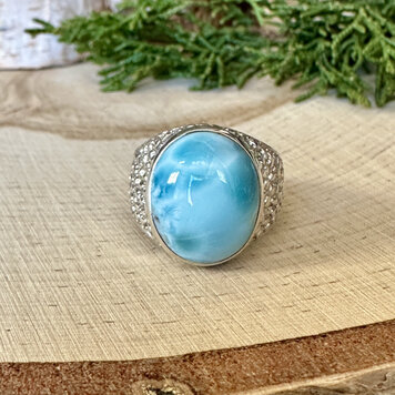 Oval Larimar Pebbled Band Sterling Ring Sz 6
