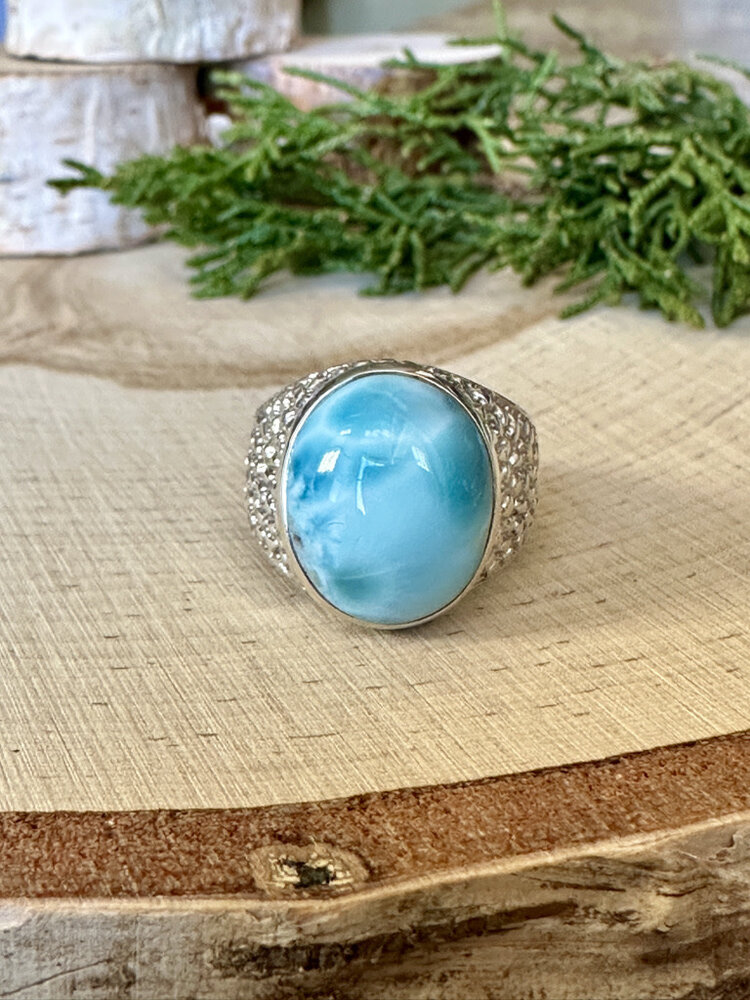 Oval Larimar Pebbled Band Sterling Ring Sz 6