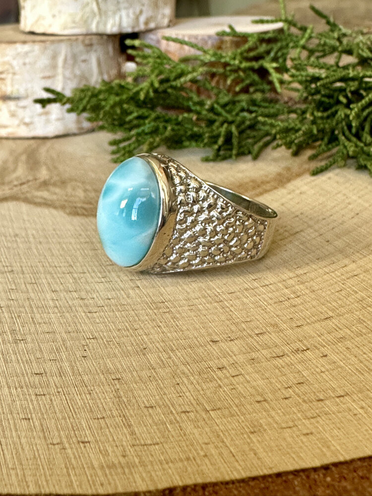 Oval Larimar Pebbled Band Sterling Ring Sz 6
