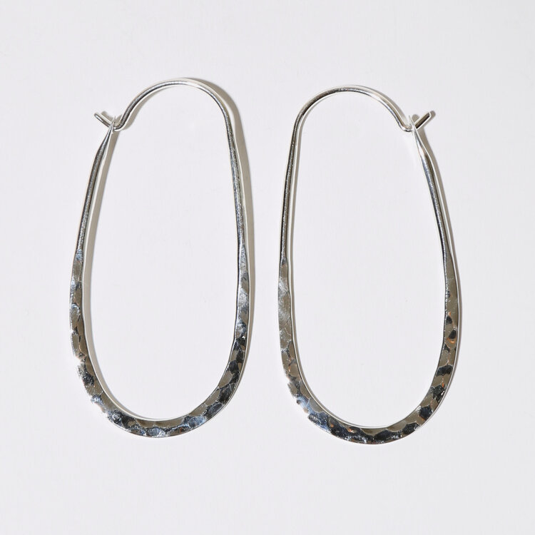 Sterling Long Hammered Oval Hoops