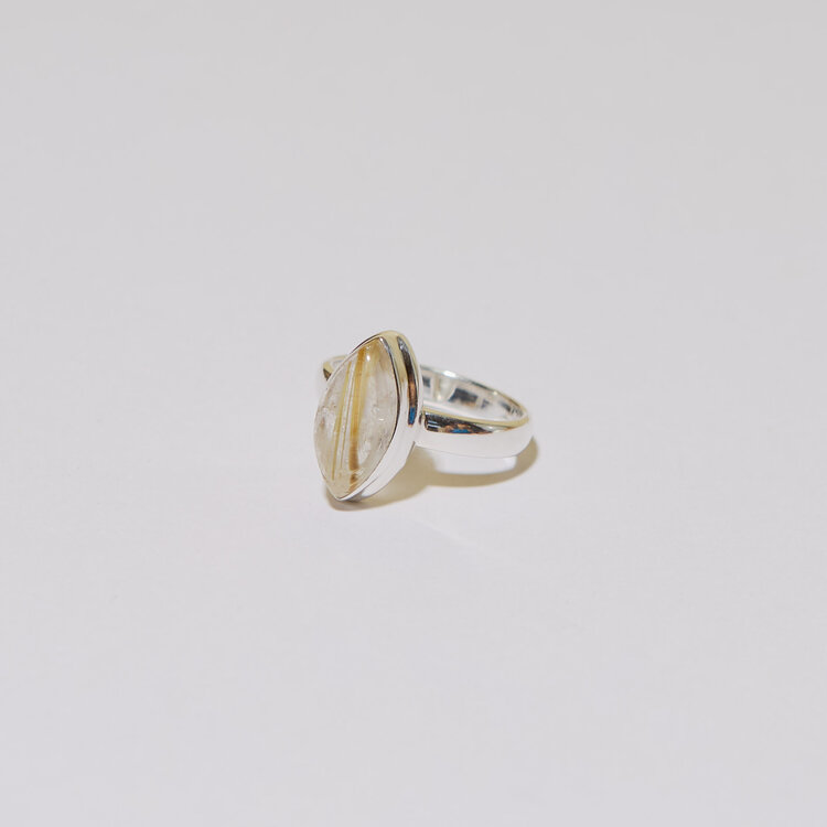 Rutilated Quartz Marquis Sterling Ring Sz 9