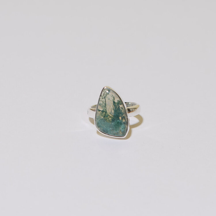 Moss Agate Wedge Sterling Ring Sz 7
