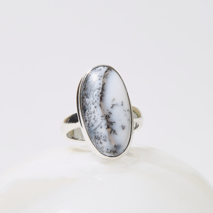 Dendritic Agate Oval Sterling Ring Sz 7.75