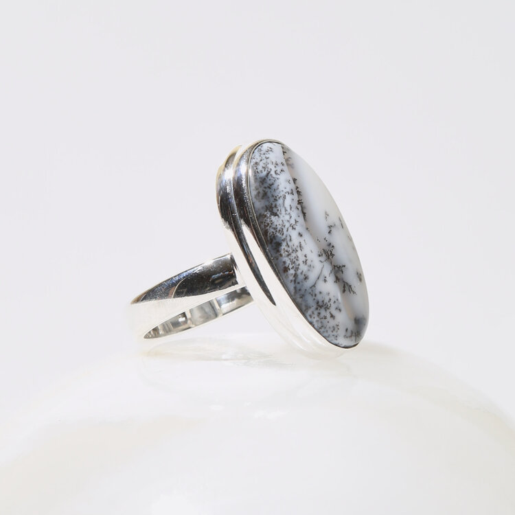 Dendritic Agate Oval Sterling Ring Sz 7.75