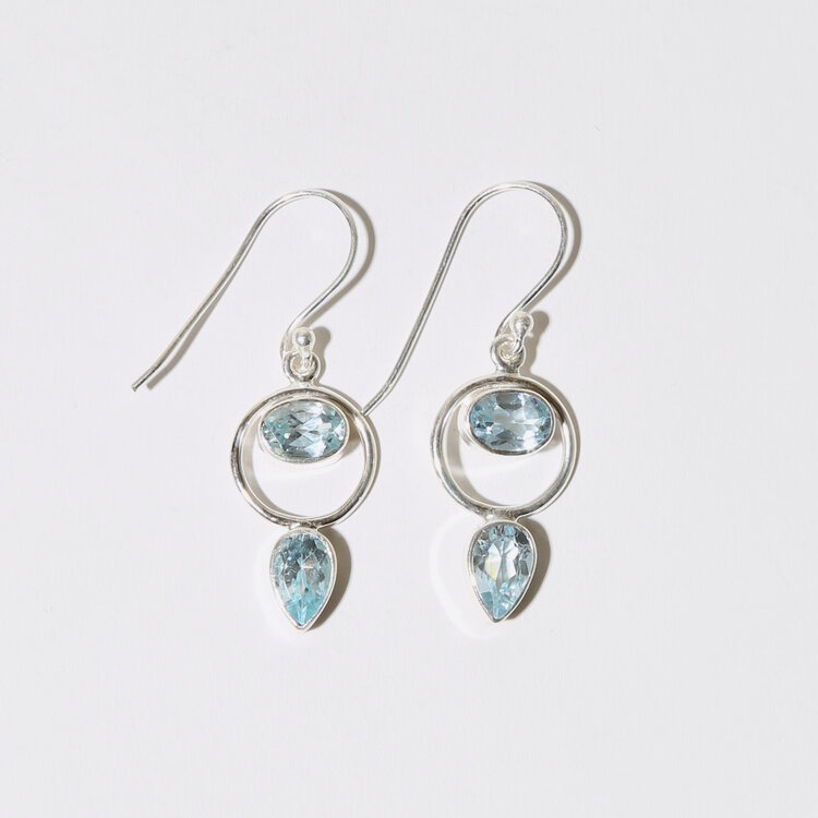 Blue Topaz Oval in Circle & Drop Sterling Earrings