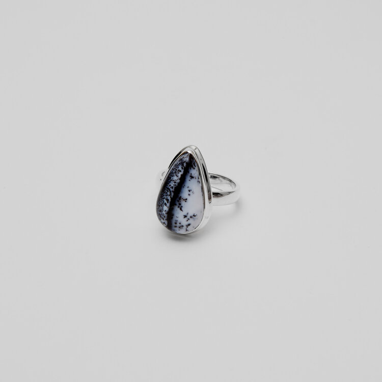 Dendritic Agate Pear Sterling Ring Sz 7.5