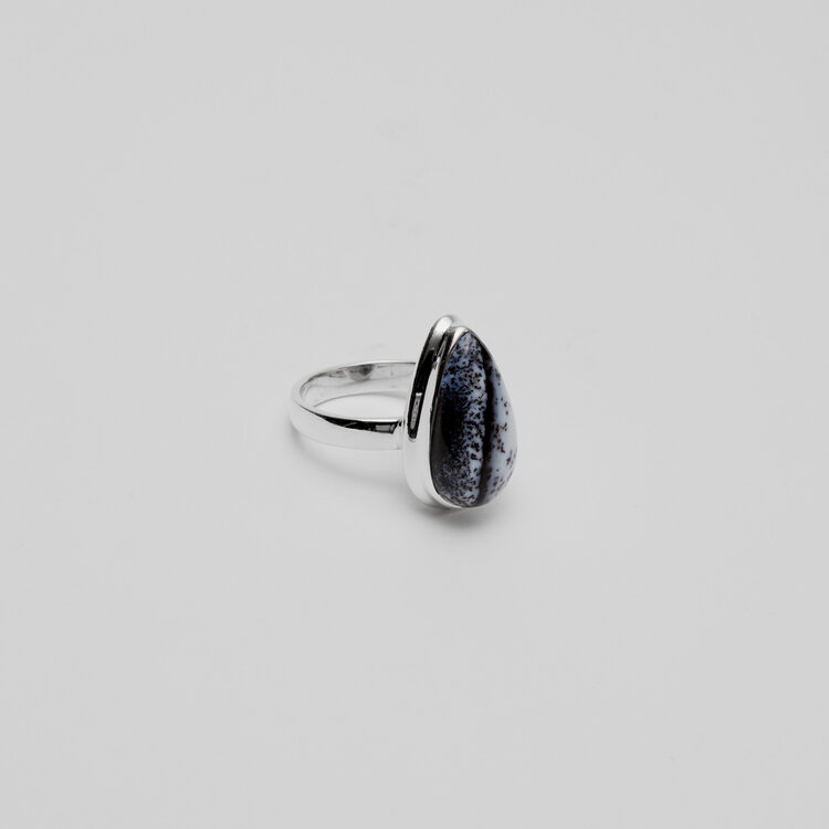 Dendritic Agate Pear Sterling Ring Sz 7.5