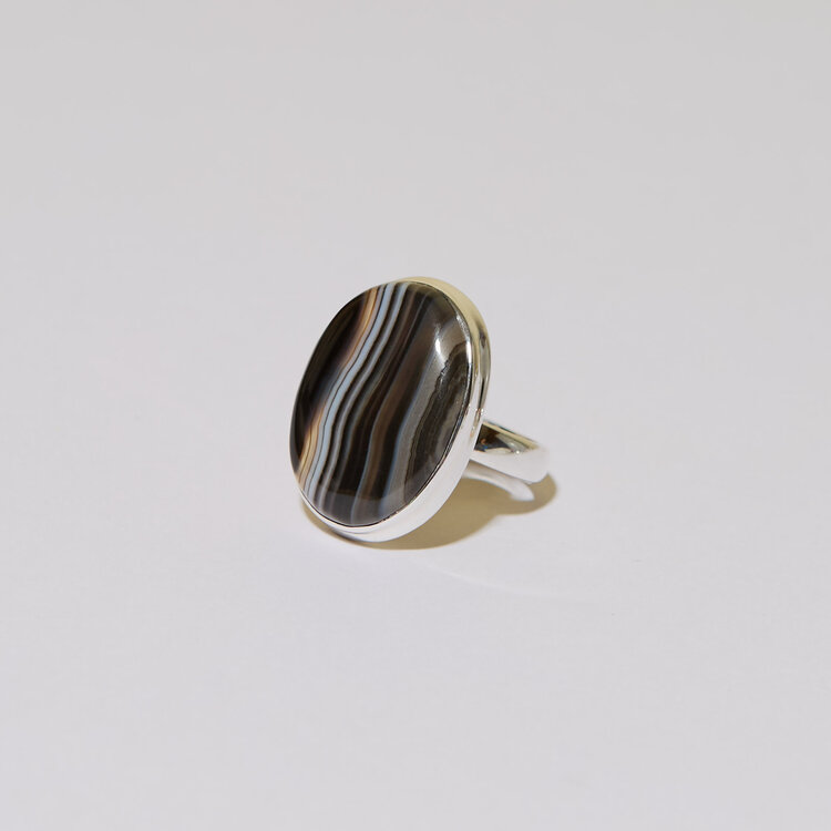 Black Banded Agate Oval Sterling Ring Sz 7