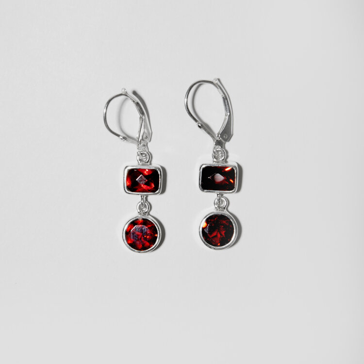 Garnet Round & Rectangle Sterling Earrings