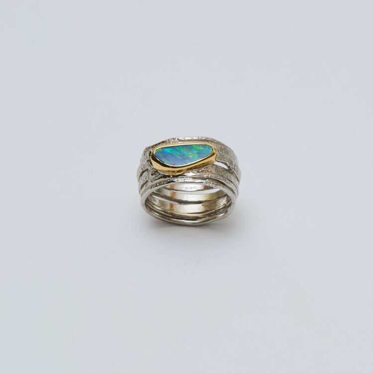 Australian Opal GP Sterling Wide Ring Sz 9