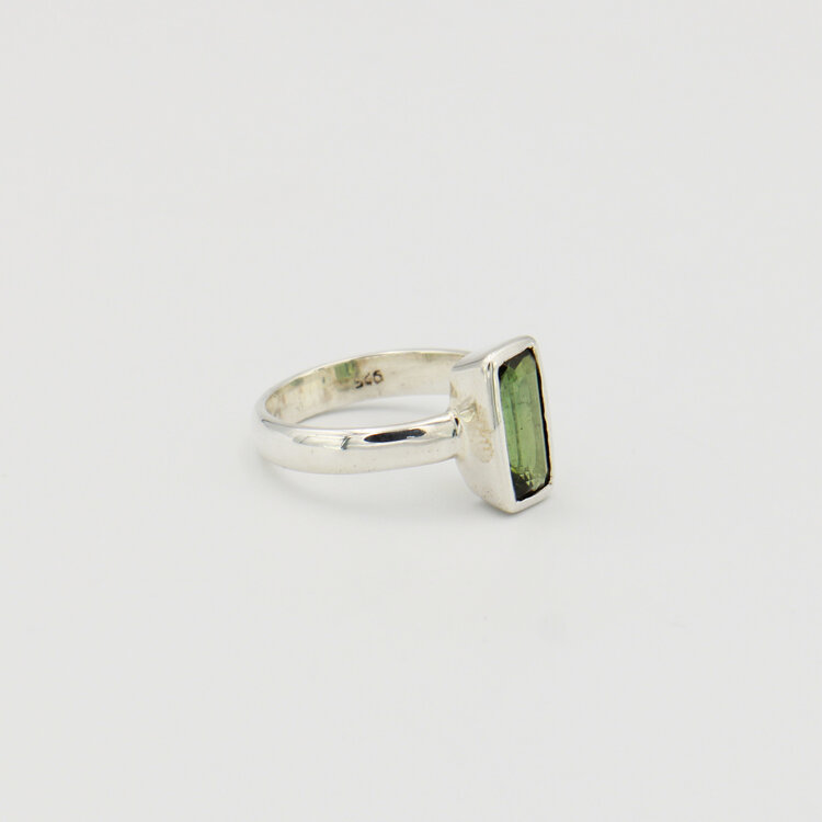 Green Tourmaline Rectangle Sterling Ring Sz 7.5
