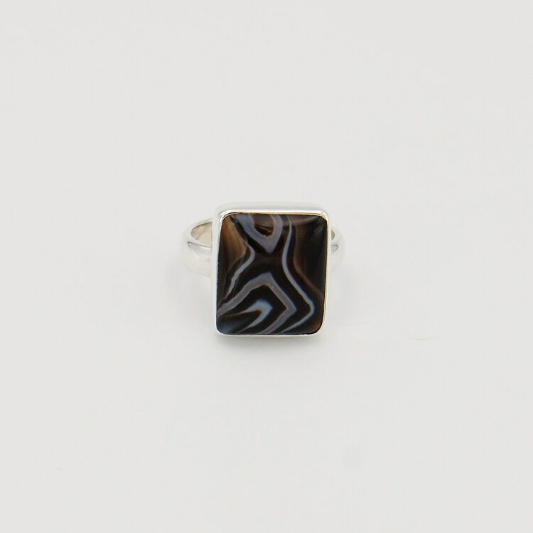Black Banded Agate Rectangle Sterling Ring Sz 6