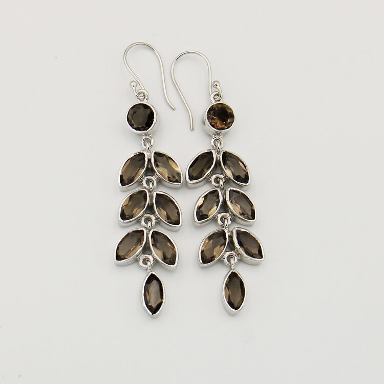 Smoky Quartz Leaves Long Sterling Earrings