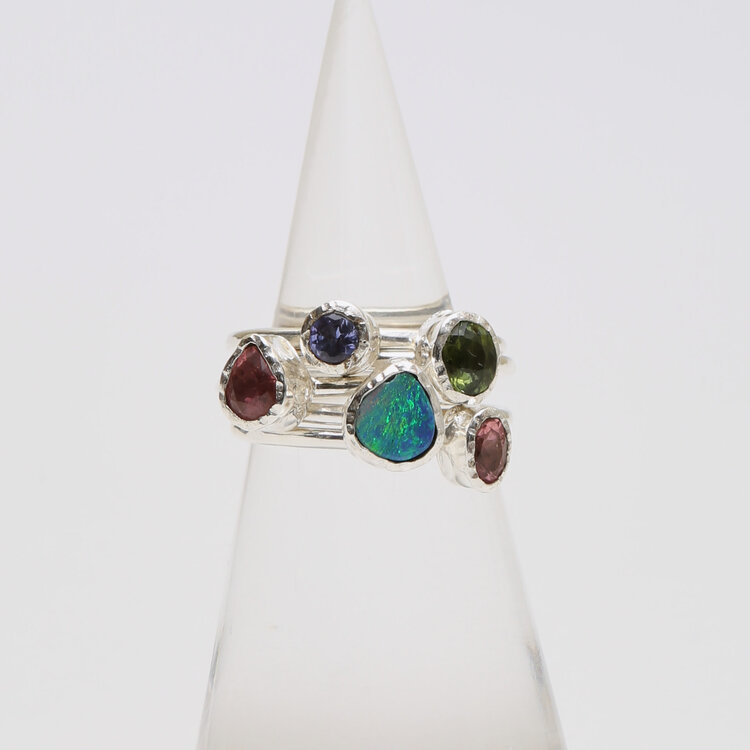 Tourmaline, Tanz. &  Opal Multi Stack Sterling Ring Sz 7