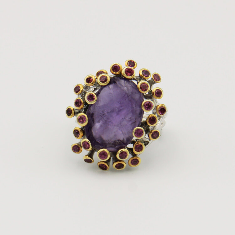 Rough Amethyst with Gold Tipped Amethysts Ring - Size 8.5