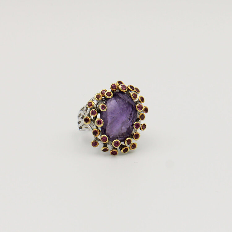 Rough Amethyst with Gold Tipped Amethysts Ring - Size 8.5
