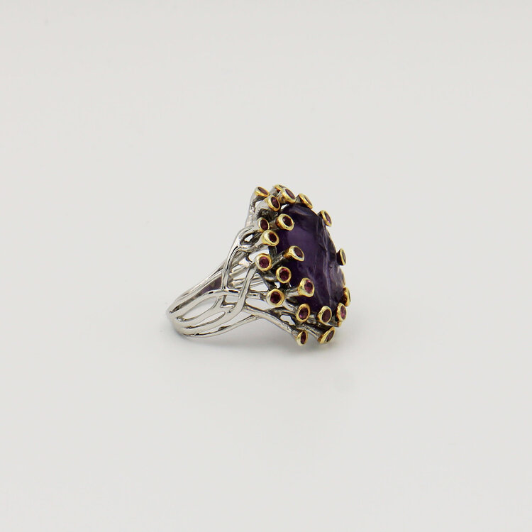Rough Amethyst with Gold Tipped Amethysts Ring - Size 8.5