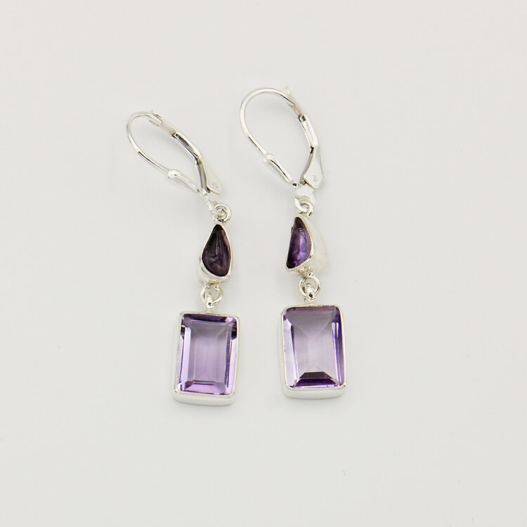 Amethyst Cabochon & Emerald Cut Sterling Earrings