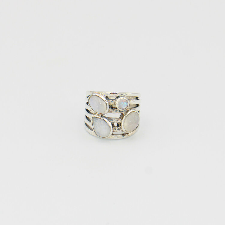 Moonstone Multi-Band Wide Sterling Ring Sz 8