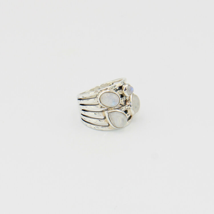Moonstone Multi-Band Wide Sterling Ring Sz 8