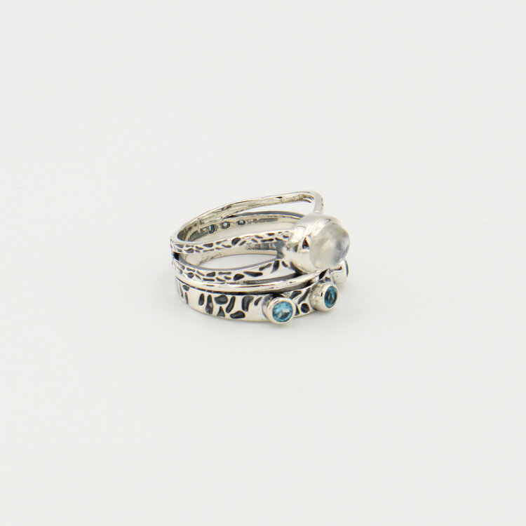 Moonstone & Blue Topaz 3 Band Ring Sz 9