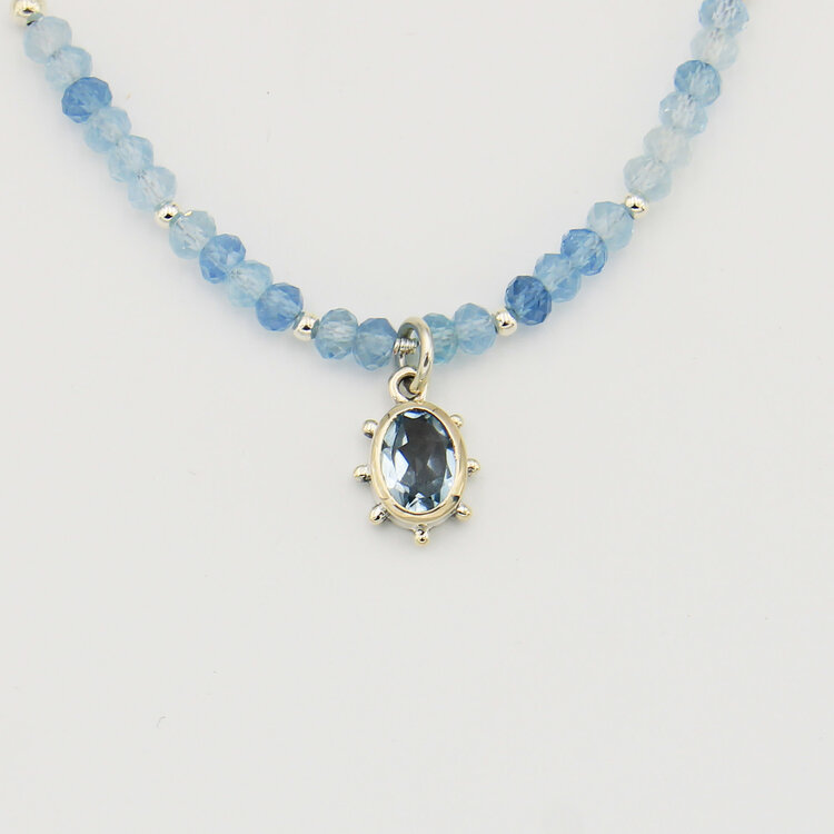 Blue Topaz Oval & Aquamarine Beads Sterling Necklace