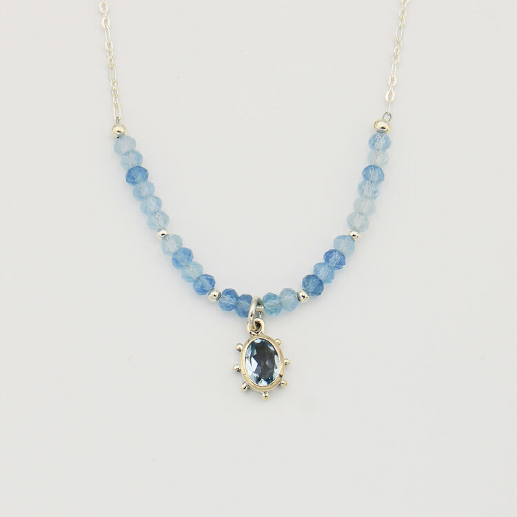 Blue Topaz Oval & Aquamarine Beads Sterling Necklace