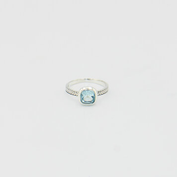 Blue Topaz Cushion Sterling Leaf Band Ring Sz 8