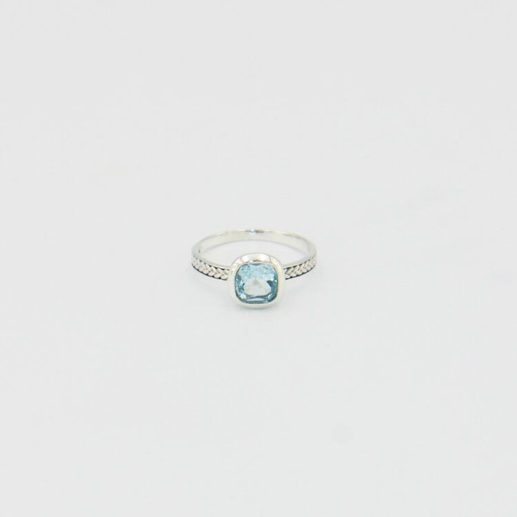 Blue Topaz Cushion Sterling Leaf Band Ring Sz 8