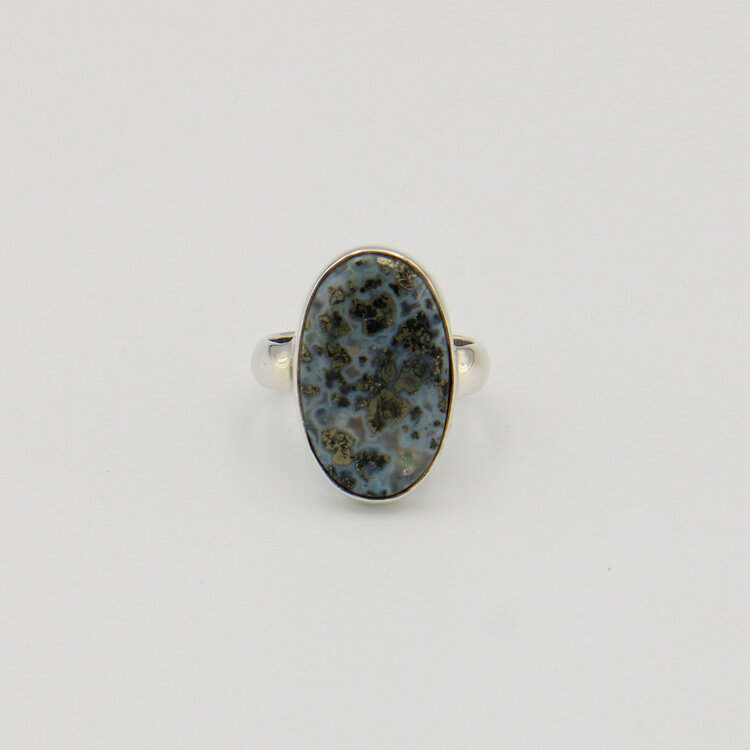 Pyrite in Agate Oval Sterling Ring Sz 8