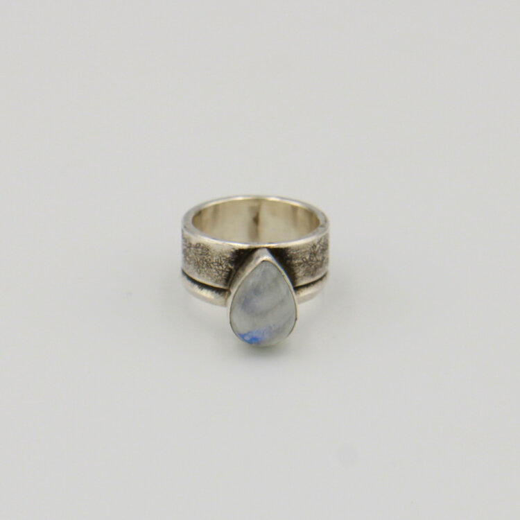 Moonstone Pear Wide Rustic Band Sterling Ring Sz 9
